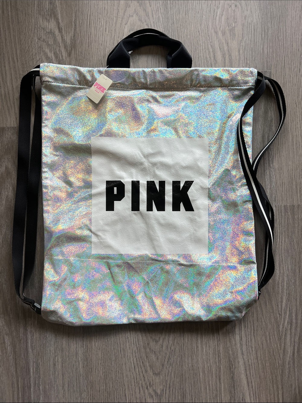 NWT PINK Victoria's Secret Holographic Silver Cinch Tote Backpack